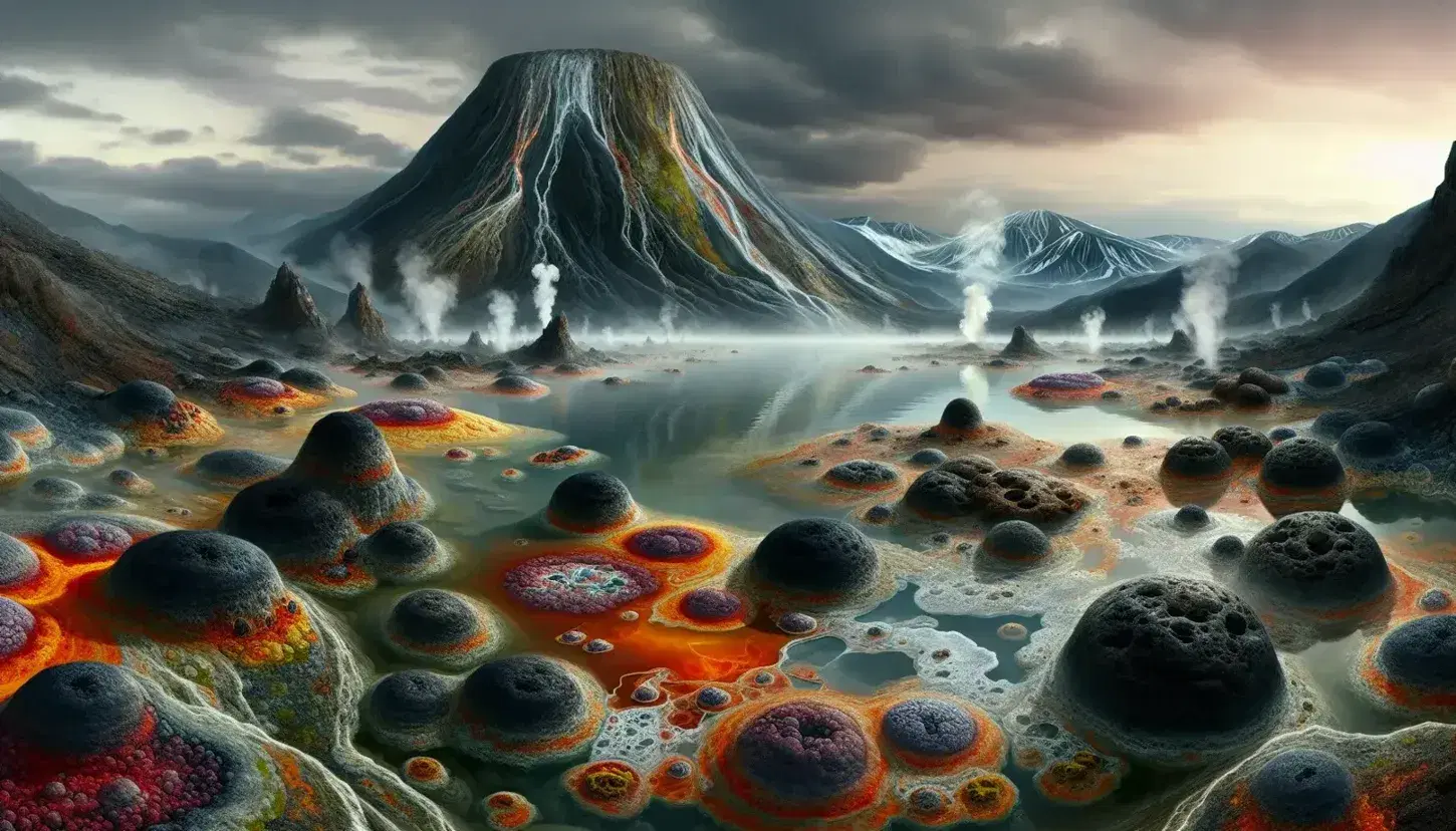 Primordial volcanic landscape with reflective water body, colorful thermal hot springs, rocky formations with moss, and a smoking volcano under a gray sky.