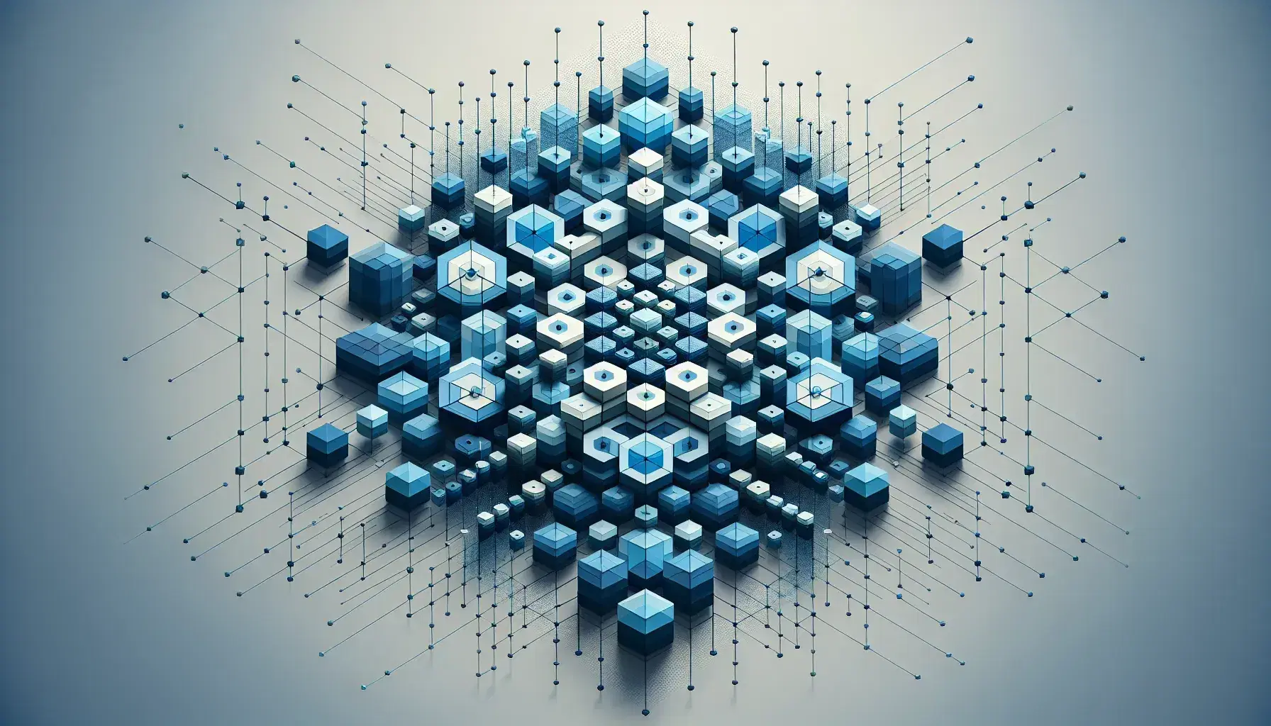 Patrón de figuras geométricas en tonos azules con hexágono central y estructura de panal, sin texturas ni escrituras, sobre fondo gris claro.