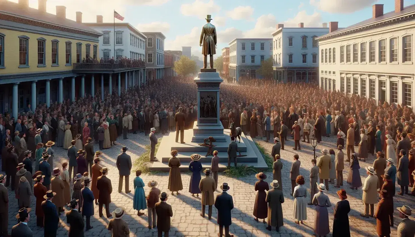 Multitud reunida en plaza pública con estatua de hombre en traje sobre pedestal, edificios coloniales al fondo y cielo despejado.