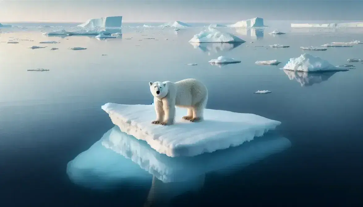 Polar bear on small iceberg in the middle of the Arctic Ocean, surrounded by blue water and other icebergs, under a clear sky.