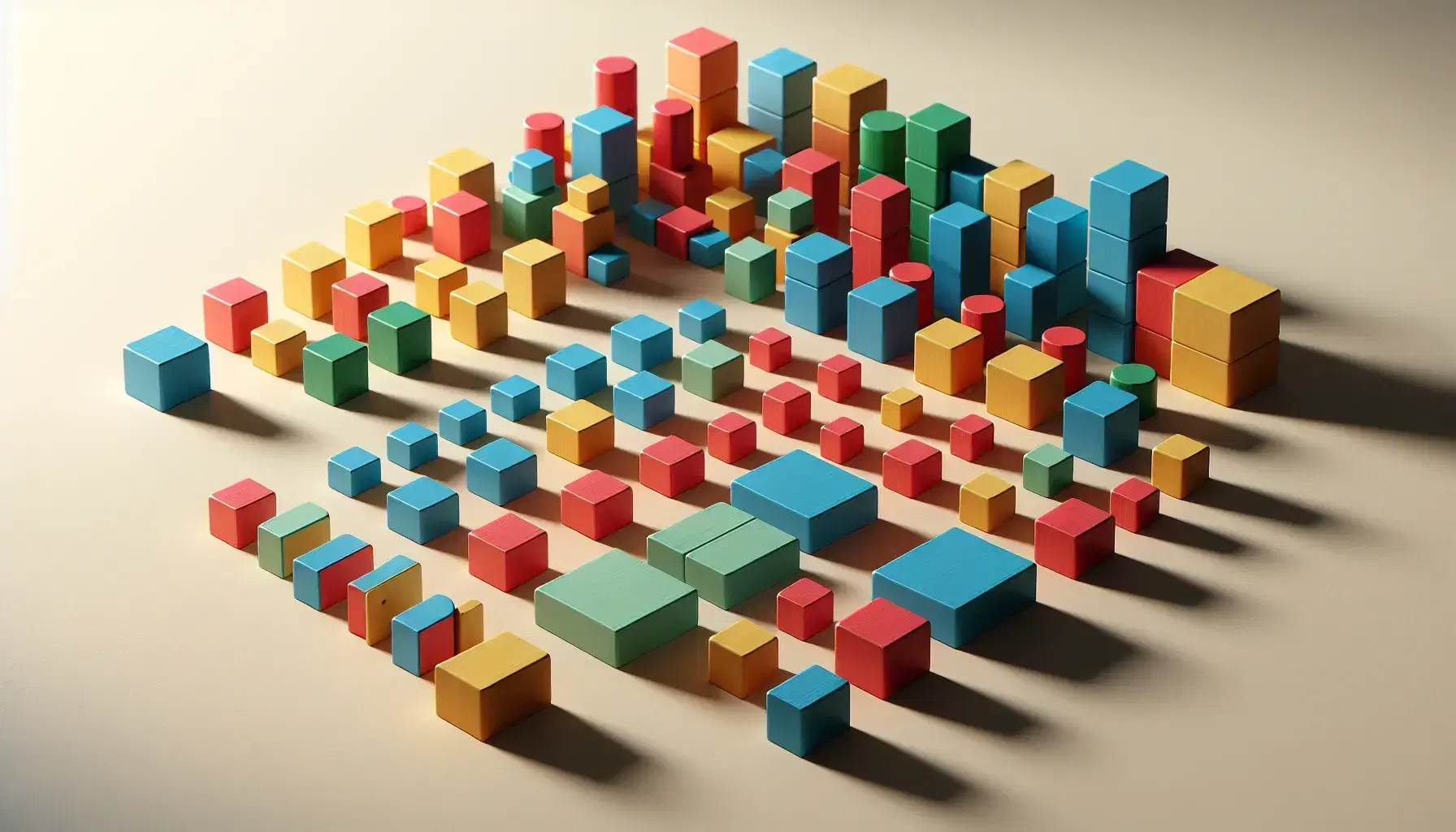 Bloques de madera de colores vivos con formas geométricas simples, como cubos y cilindros, organizados en patrones secuenciales sobre superficie clara.