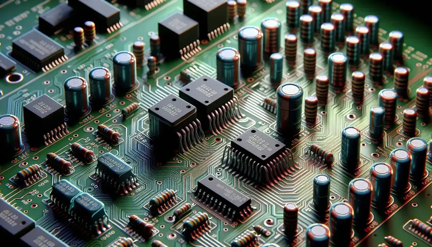 Close-up view of a green printed circuit board with resistors, capacitors, and integrated circuits interconnected by copper traces.