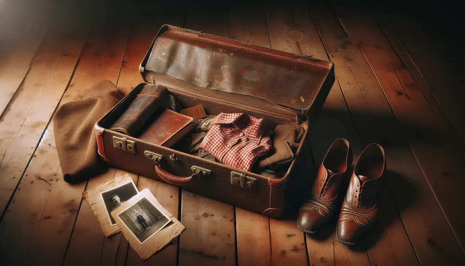 Vintage brown suitcase with wear marks, brass latches, and personal items including a checkered dress, family photo, journal, and scuffed leather shoes on a wooden floor.