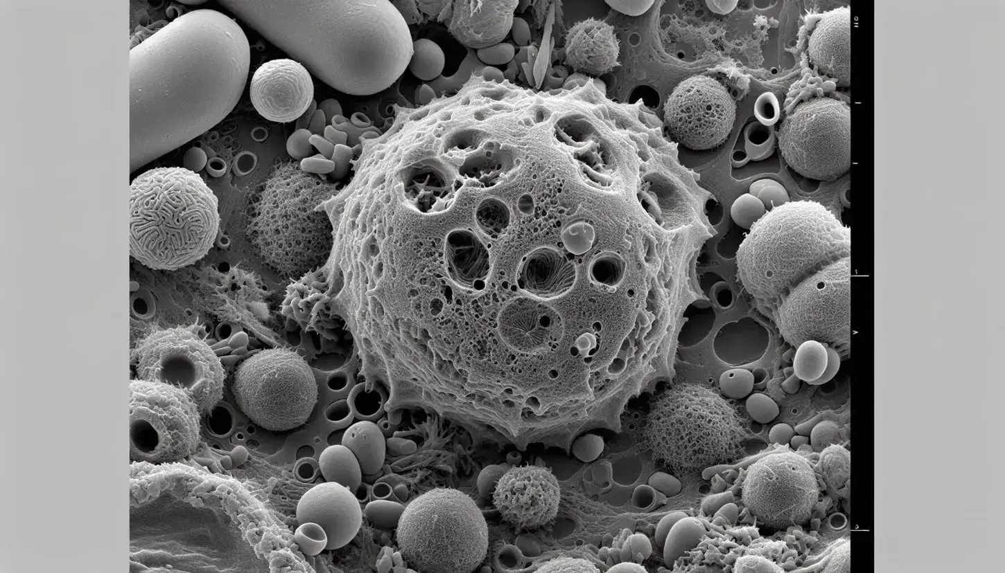 Micrografía electrónica de barrido en escala de grises mostrando células diversas, algunas con proyecciones filamentosas y un posible núcleo central oscuro.