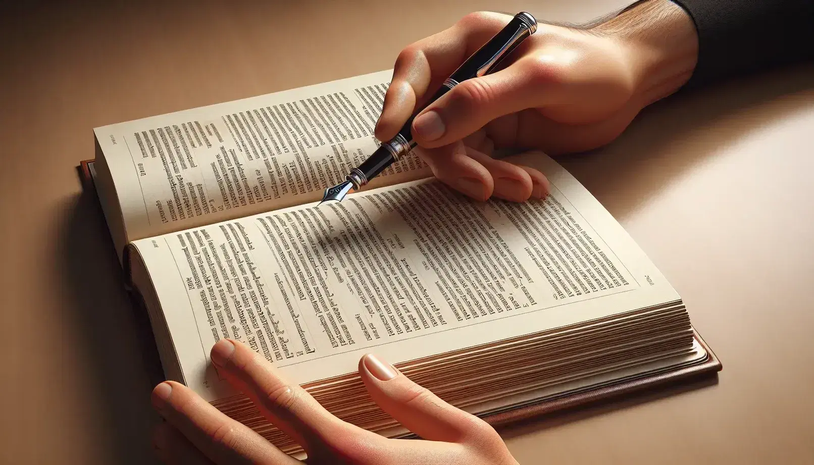 Close-up view of hands with a fountain pen over an open book, finger pointing to text on a wooden desk, in a studious setting.