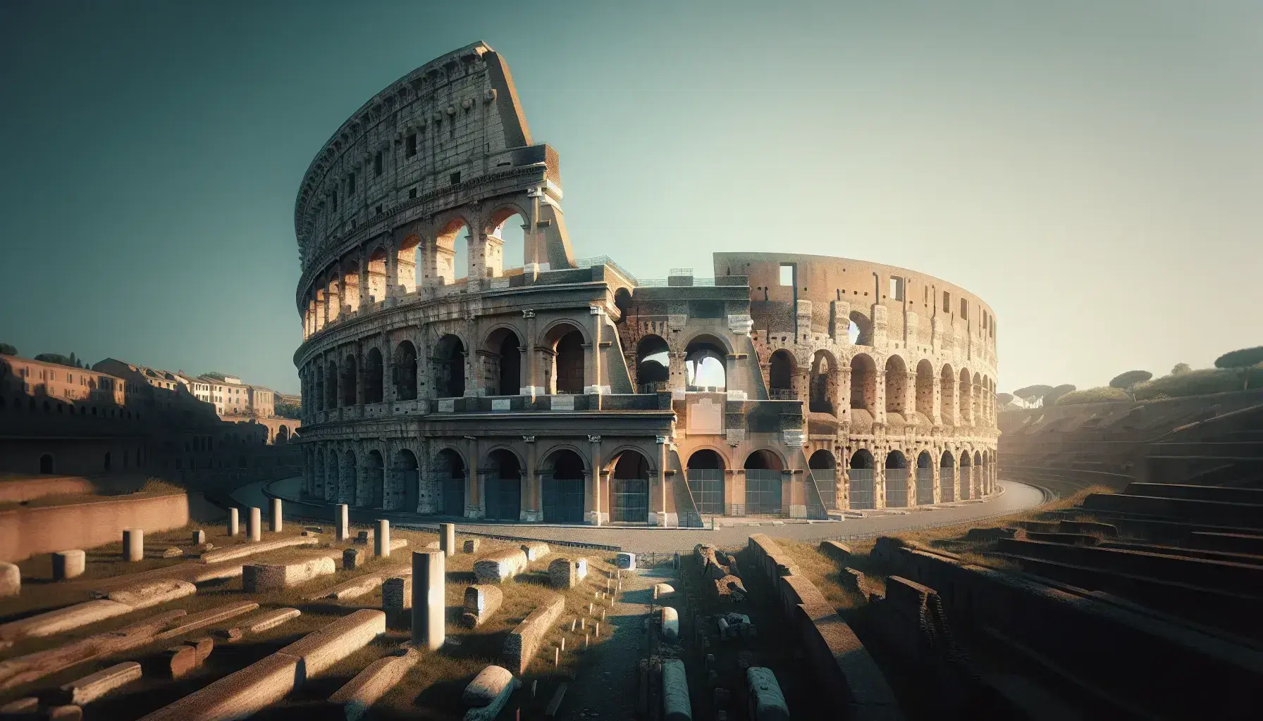 Coliseo Romano en un día soleado con cielo azul claro, ruinas antiguas en primer plano y juego de luces y sombras sobre la estructura.