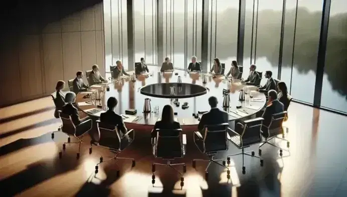 Diverse group of professionals engaged in a roundtable discussion in a well-lit conference room with a large window overlooking greenery.