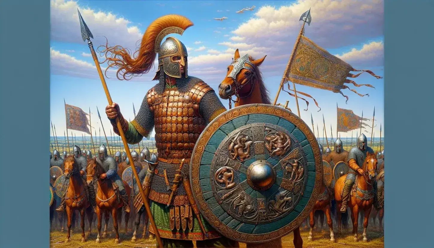 Guerrero in armatura di bronzo con elmo crestato e scudo decorato, circondato da combattenti e cavalli su campo di battaglia antico.