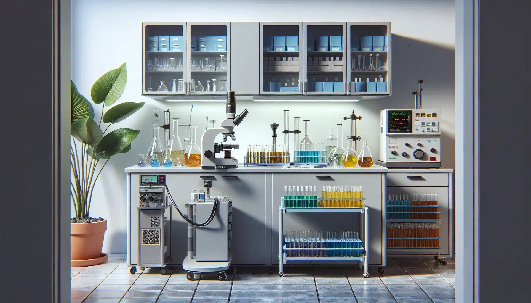 Laboratorio scientifico moderno con microscopio elettronico, provette colorate, contatore Geiger e tecnico al lavoro in cappa a flusso laminare.