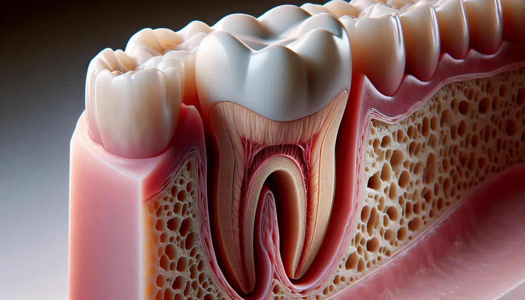 Modelo tridimensional detallado de sección de mandíbula humana con incisivo inferior, ligamento periodontal rosa claro y hueso esponjoso.