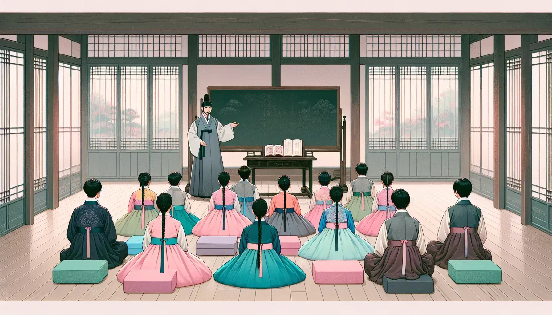 Estudiantes en hanboks tradicionales sentados en cojines pastel atienden a profesor en aula coreana con ventanas al paisaje natural.