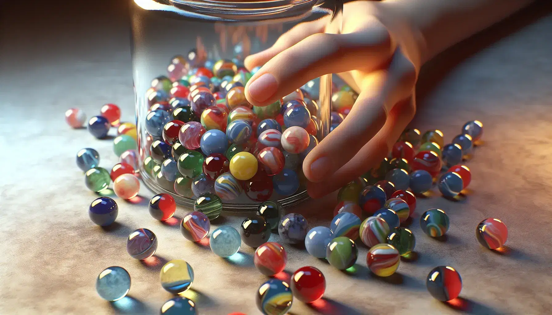 Close up of multicolored marbles scattered on neutral surface with hand holding glass jar partially filled with sorted marbles.