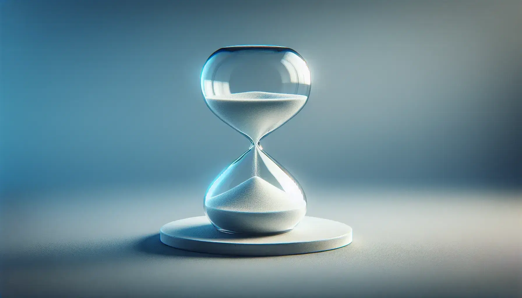 Primer plano de un reloj de arena con arena blanca cayendo, casi vacío arriba y lleno abajo, sobre fondo degradado azul y superficie gris.