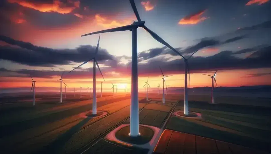 Parque eólico al atardecer con turbinas de viento y cielo anaranjado, reflejando la armonía entre energía renovable y naturaleza.