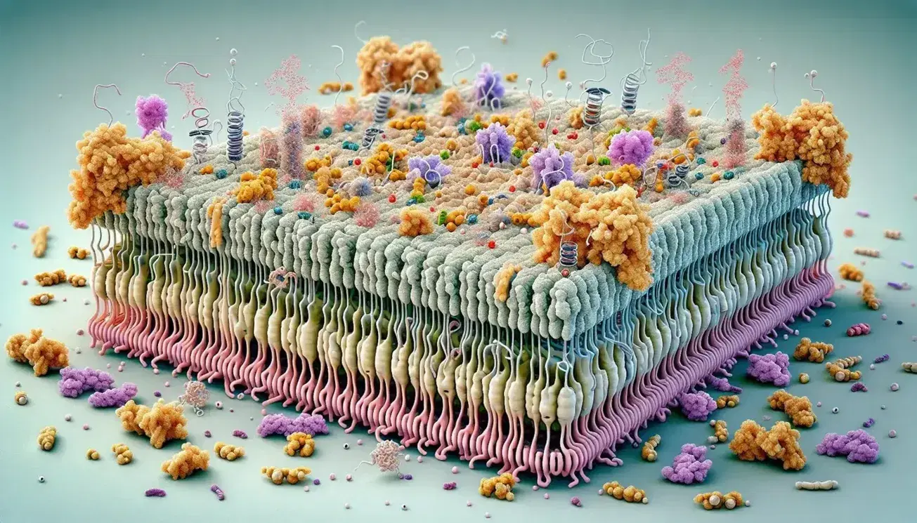 Vista microscópica de la membrana celular con bicapa lipídica y proteínas incrustadas, destacando cabezas hidrofílicas y colas hidrofóbicas, y moléculas de carbohidratos.