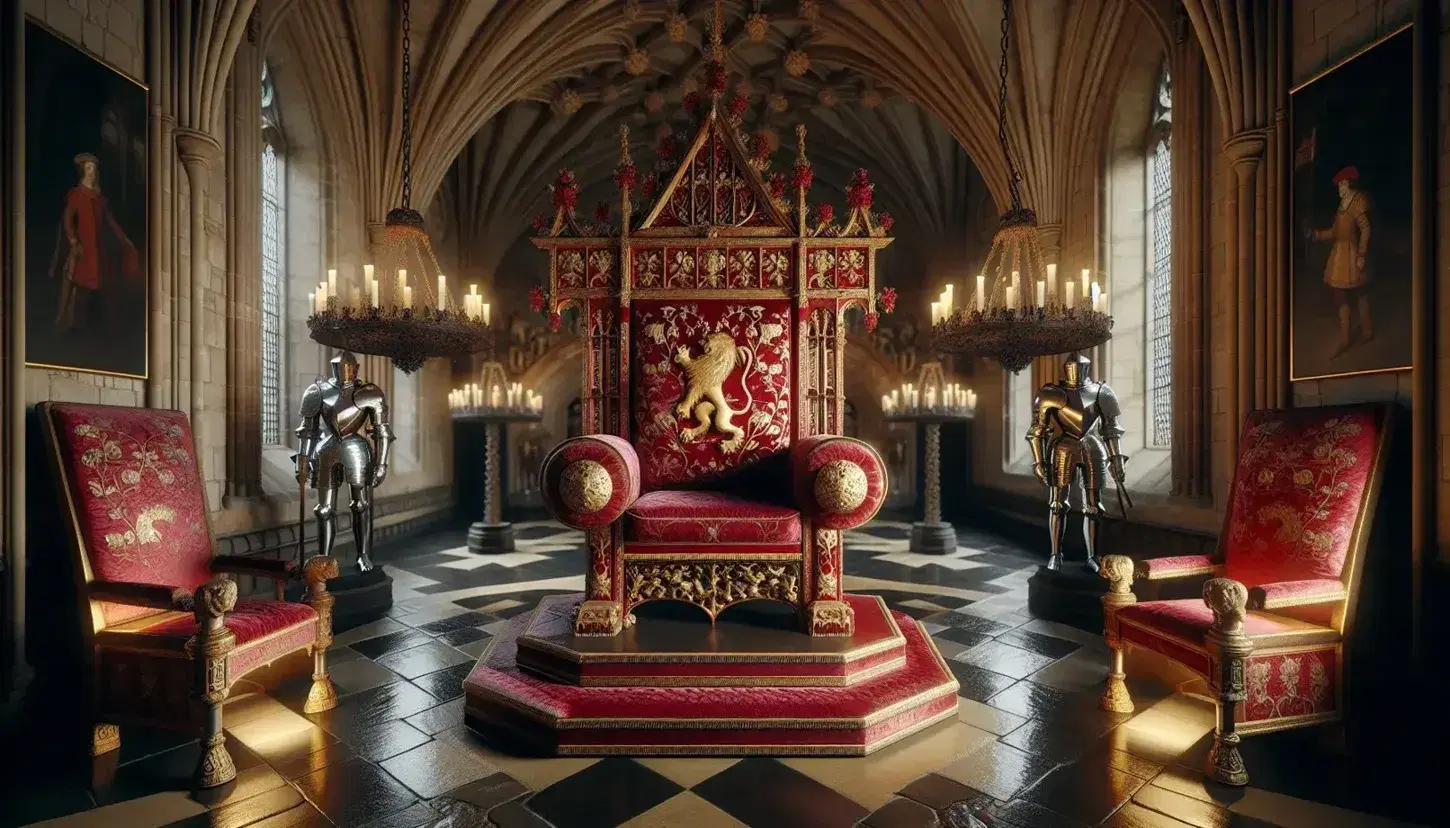 Regal Tudor-style red and gold throne with lion armrests in a stone chamber, flanked by armor and a table with a silver crown.