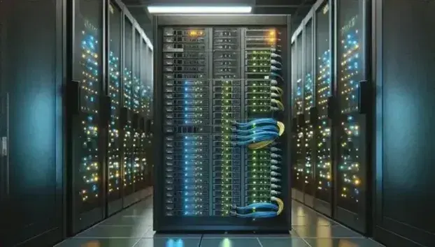 Centro de datos con racks de servidores y luces LED azules y verdes, cables organizados y filas de equipos en un ambiente tecnológico.