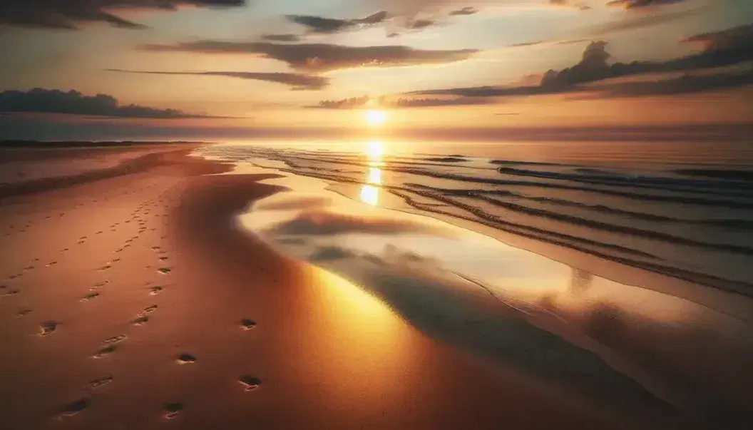 Playa desierta al atardecer con huellas en la arena, mar en calma reflejando tonos dorados y rosas del cielo, y nubes iluminadas por la luz del ocaso.