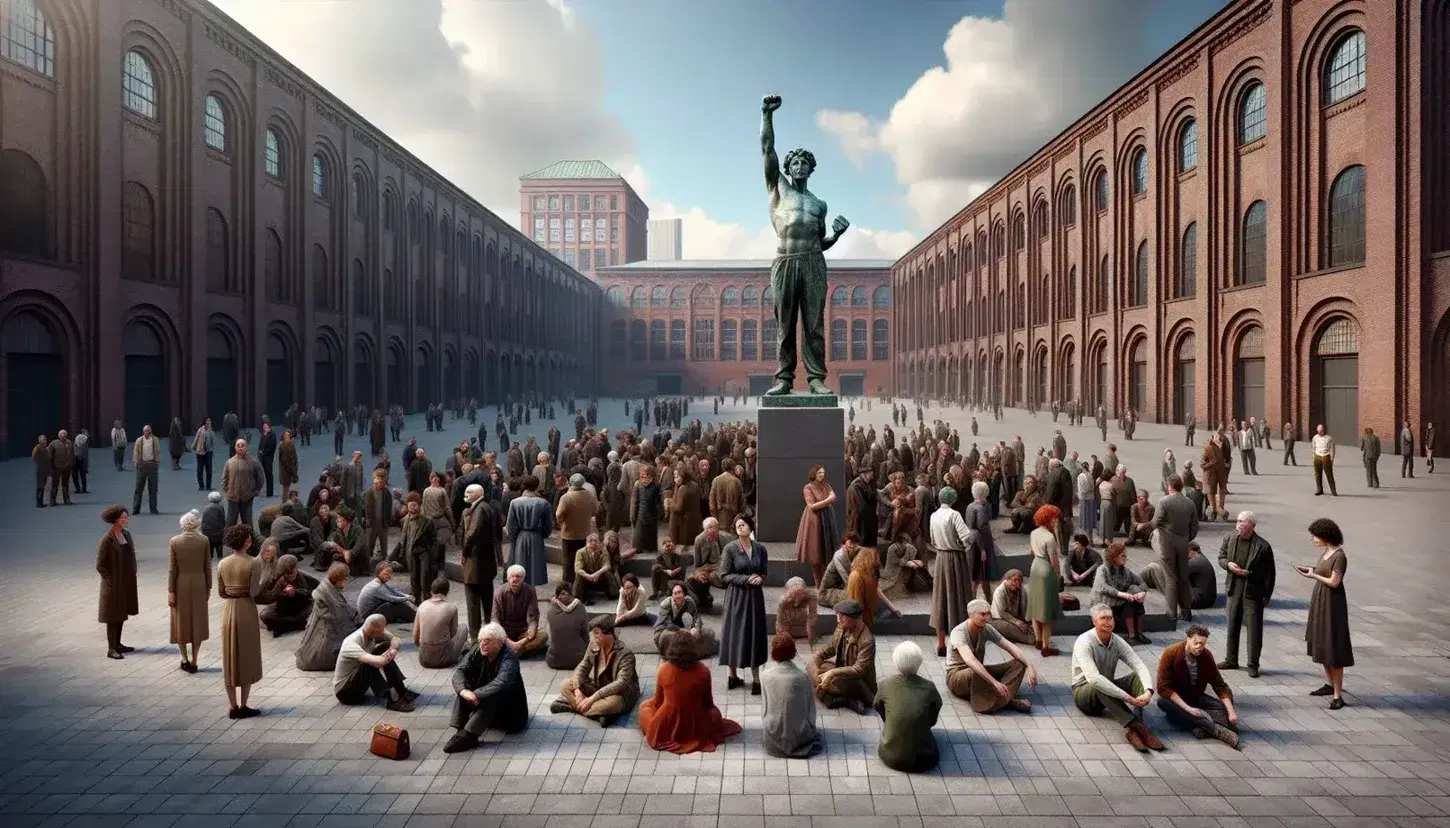 Gruppo di persone di diverse età in una piazza cittadina con statua bronzea a pugno alzato, edifici in stile industriale sullo sfondo.