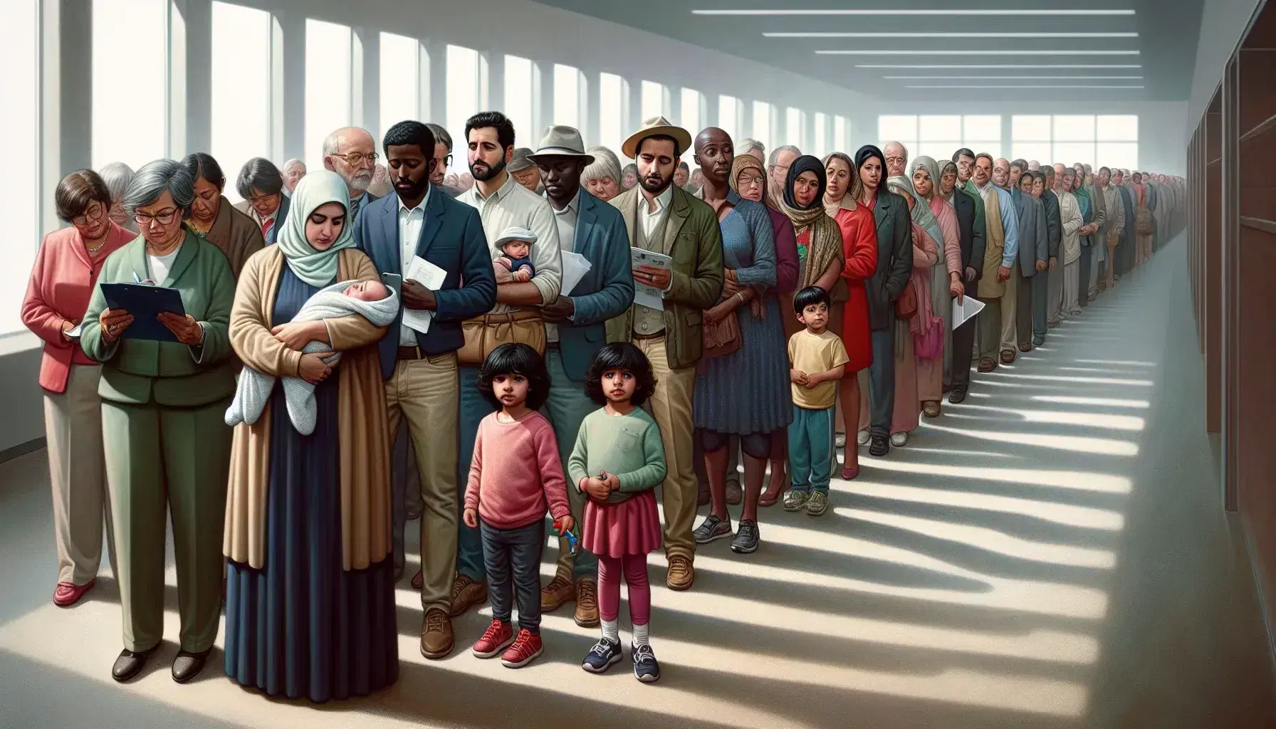 Diverse group of people in line holding documents, including a Middle-Eastern family, reflecting anticipation in a softly lit indoor setting.