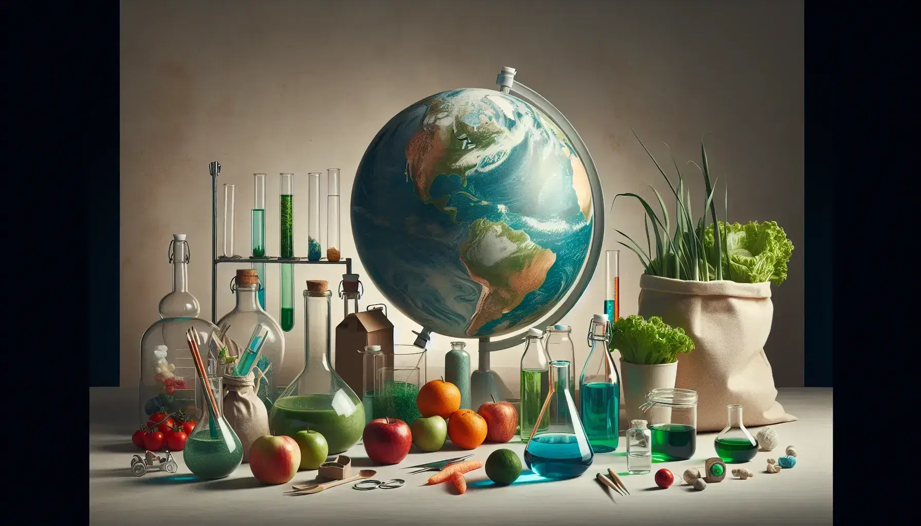 Globo terrestre con frutta e verdura biologica, oggetti riciclabili, provette con liquidi colorati e pianta verde, simboli di sostenibilità ambientale.