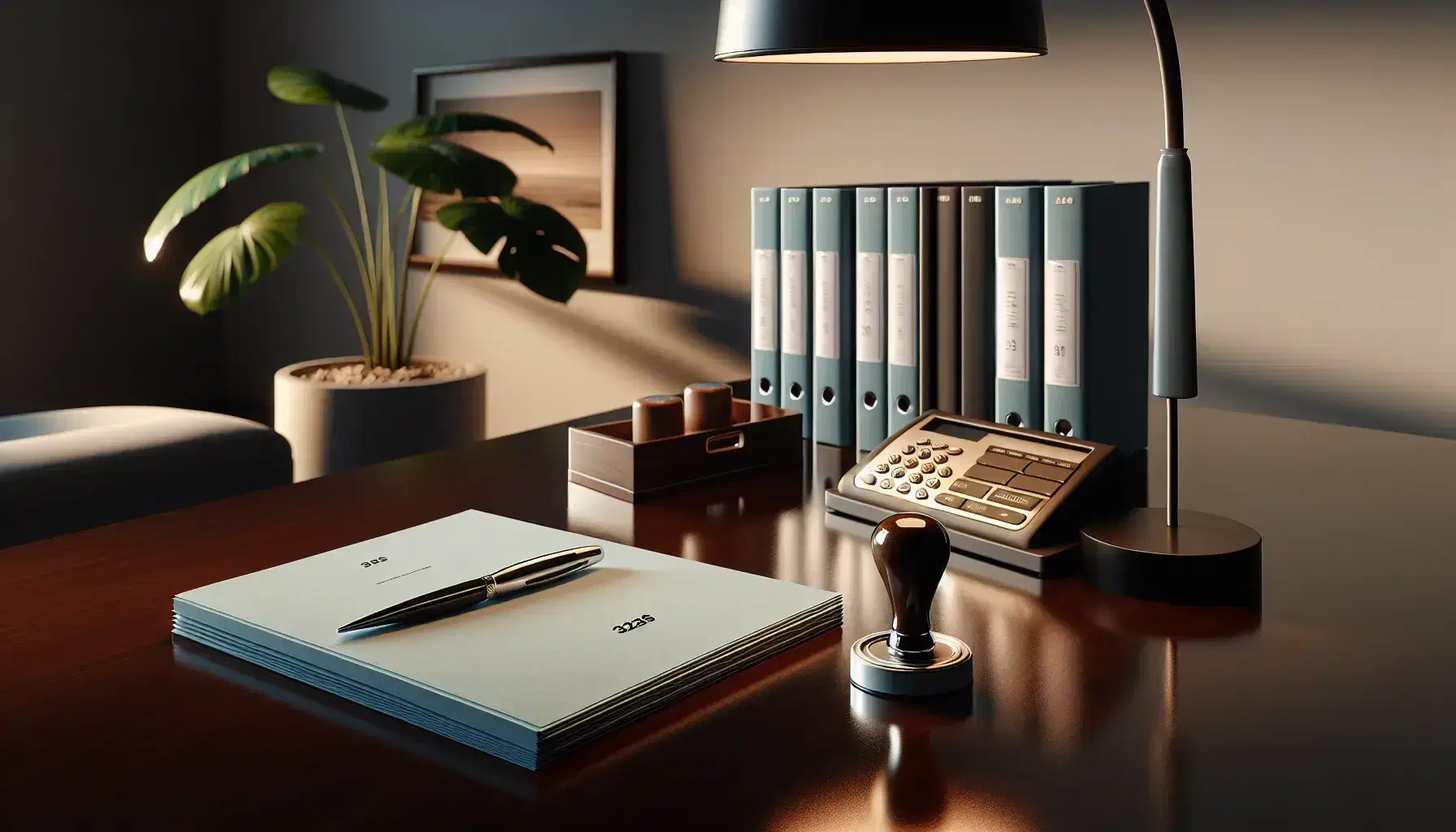 Mesa de oficina elegante con documentos encuadernados en azul, bolígrafo metálico, sello de madera, teléfono negro y planta verde en maceta blanca bajo luz cálida.