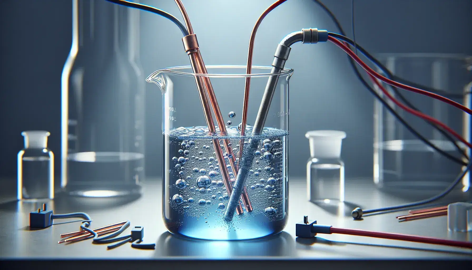 Glass beakers with blue liquid in laboratory, metal electrodes connected to electric wires produce bubbles for electrolysis on neutral bench.