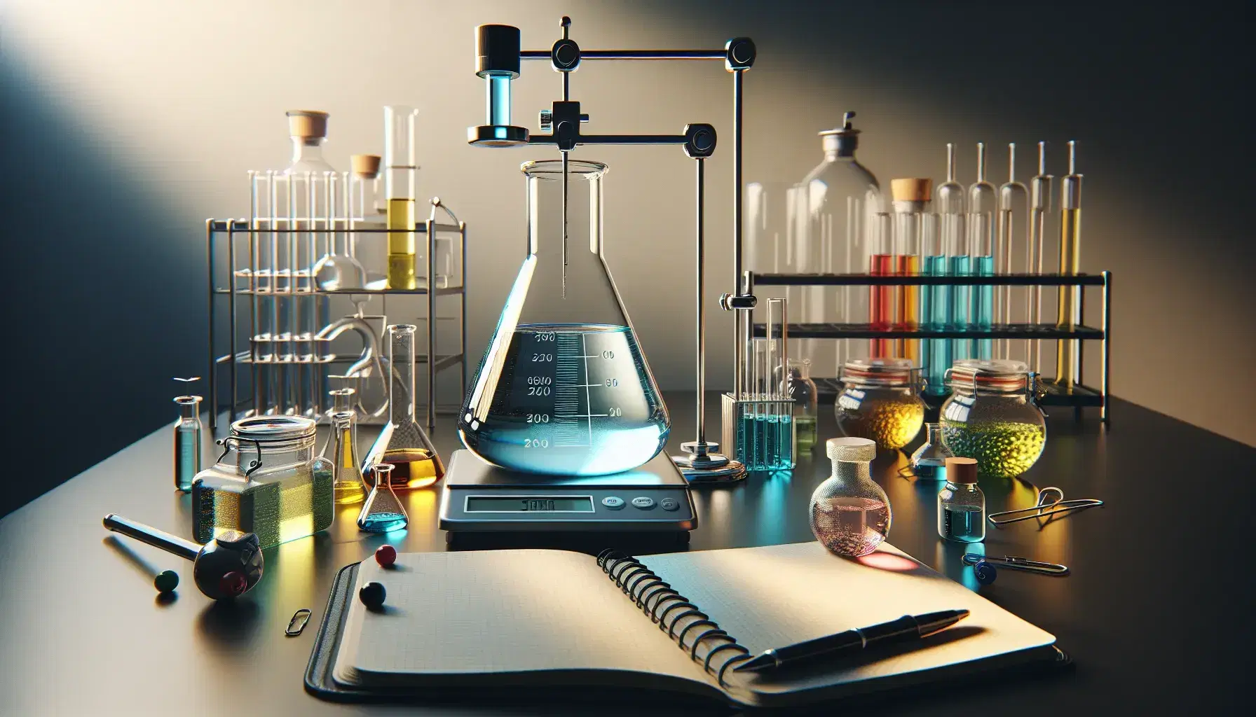 Laboratorio con mesa equipada para experimento científico, mostrando un matraz Erlenmeyer con líquido azul claro, tubo de ensayo amarillo en soporte metálico, balanza digital con pesa y cuaderno con bolígrafo.