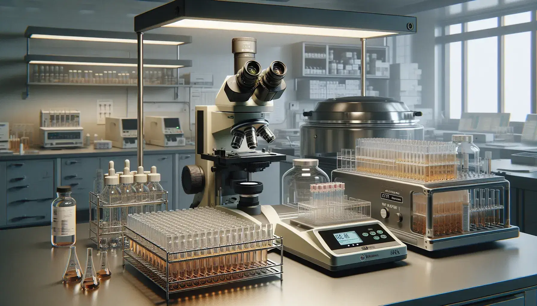 Vista parcial de un laboratorio de biología molecular y citogenética con microscopio compuesto, tubos de ensayo en gradilla y centrífuga de mesa.