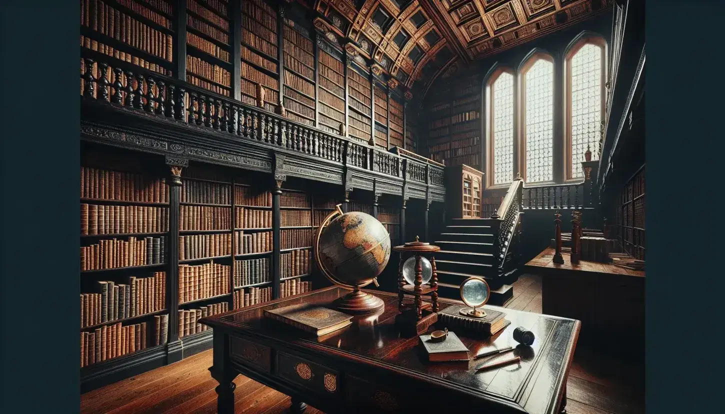 Biblioteca antigua con estanterías de madera oscura llenas de libros, mesa central con globo terráqueo y lupa, luz natural entrando por ventana con vidrios emplomados.