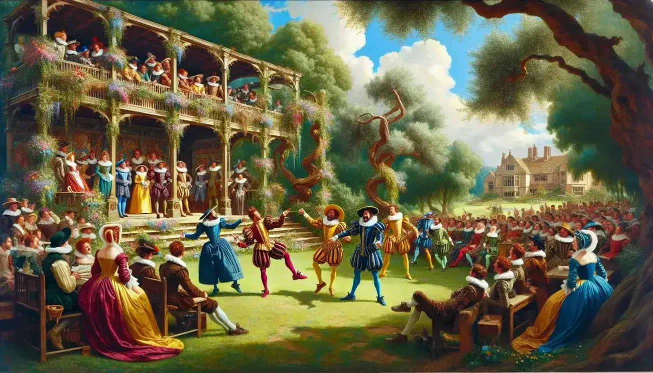 Elizabethan-era actors perform in a garden, with vibrant costumes on a flower-adorned stage, as an audience in varied attire watches, manor in the backdrop.