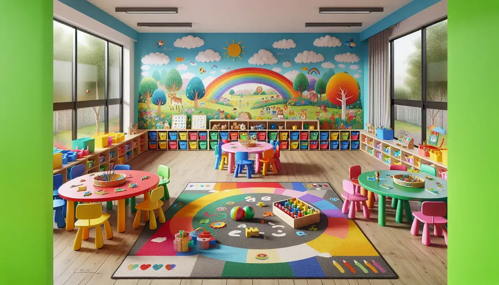 Aula de jardín de infantes colorida con mesas redondas, sillas infantiles, bloques de construcción, rompecabezas y murales de naturaleza, bajo luz natural.