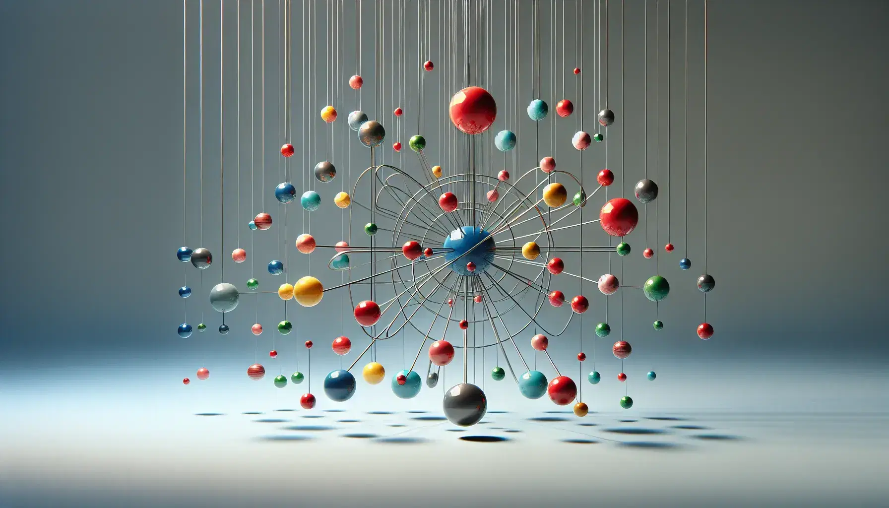 Sfere colorate sospese che simulano la struttura atomica con nucleo rosso centrale e orbite di elettroni su sfondo grigio chiaro.