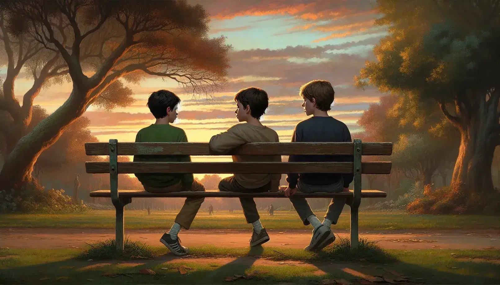 Due ragazzi seduti su una panchina in legno in un parco al tramonto, con alberi autunnali e un cielo colorato sullo sfondo.