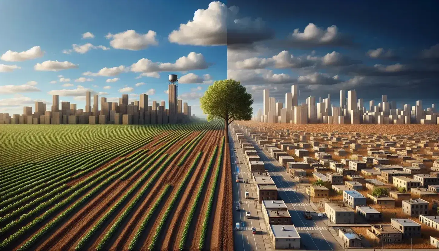 Paisaje dividido entre campo cultivado con surcos y plantas verdes bajo cielo azul y ciudad con edificios y calles, unidos por un árbol frondoso.