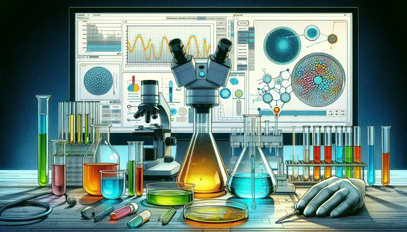 Science laboratory with beaker of colored liquids, pipette and test tube, digital microscope and graph on monitor in background, controlled environment.