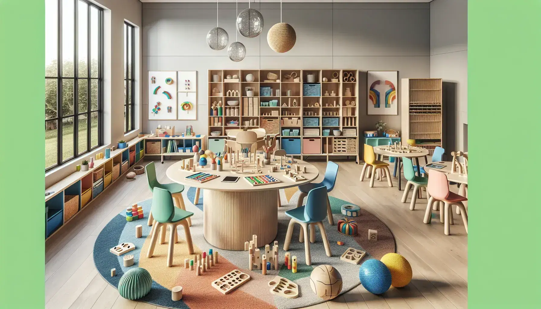 Aula luminosa con mesa redonda y sillas ergonómicas de colores, bloques educativos, tabletas y estantería con materiales didácticos, junto a niños en alfombra circular con objetos sensoriales.