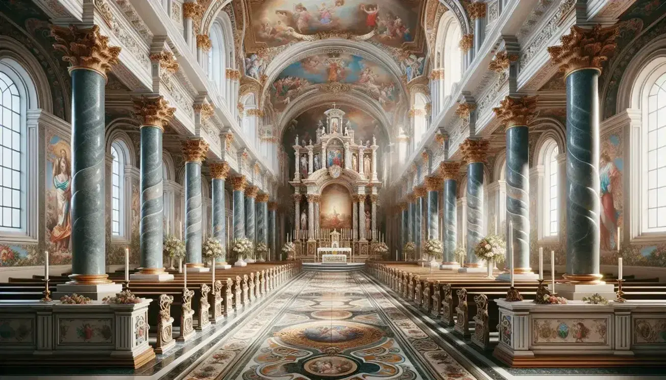 Interno di chiesa barocca con colonne corinzie, volte affrescate, cappelle laterali, altare principale con baldacchino e luce naturale.