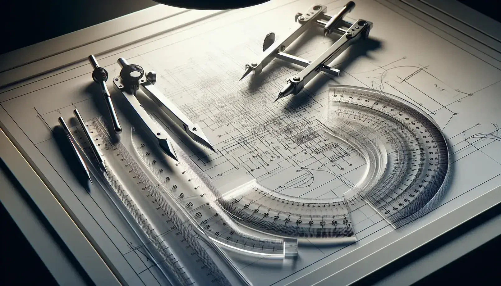 Tavolo da disegno tecnico con compasso metallico, squadra trasparente, righello, proiettore semicircolare e matita meccanica su sfondo bianco.
