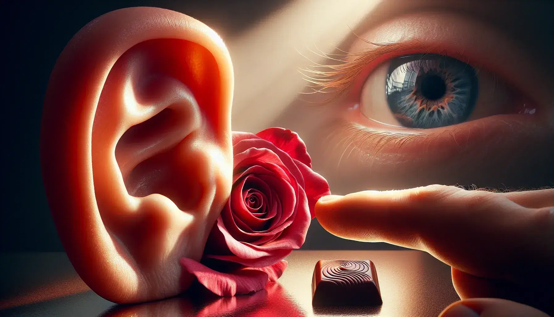 Orecchio umano in primo piano con petalo di rosa rosso e gocce d'acqua accanto, occhio blu sfocato sullo sfondo e pezzo di cioccolato fondente.