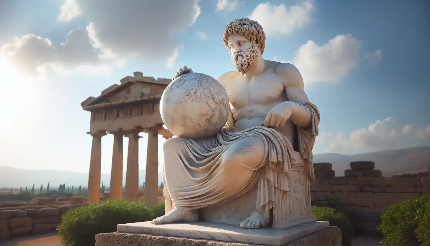 Escultura de mármol blanco de Anaxágoras sentado, sosteniendo un globo terráqueo, con fondo de templo griego antiguo y vegetación bajo cielo azul.