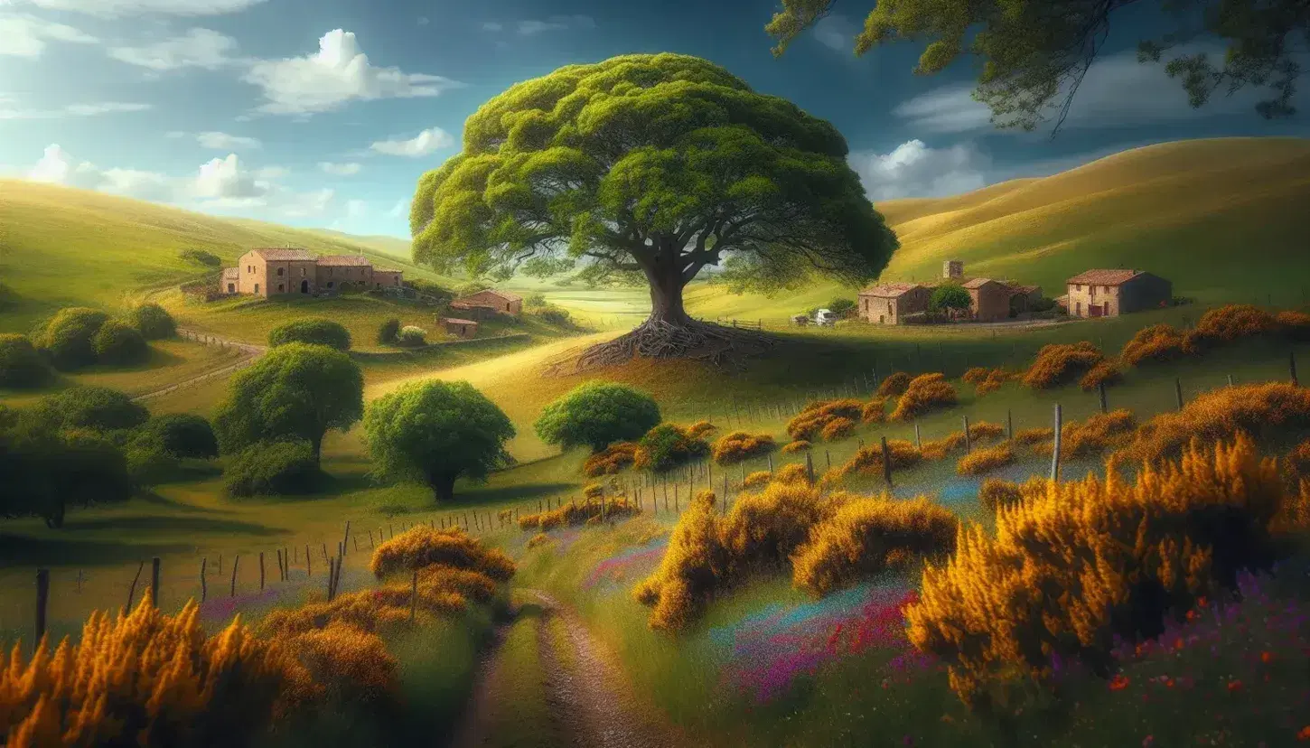 Paesaggio campestre idilliaco con albero solitario, cielo azzurro, case rurali, sentiero di terra e campo di ginestre in fiore.