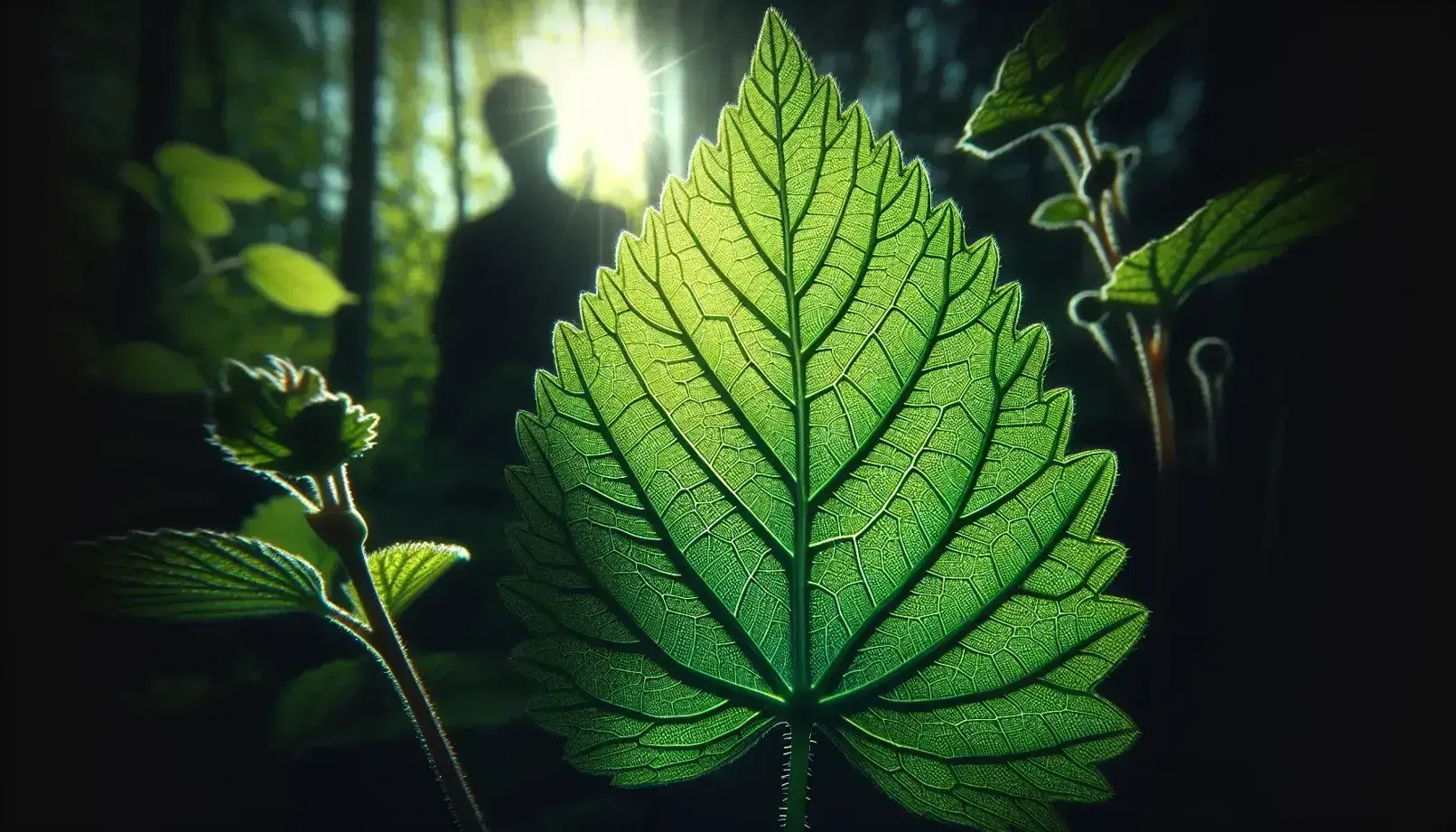 Foglia verde traslucida con reticolo di venature esposte alla luce solare, contrasto di ombra e sfondo sfocato con silhouette umana.