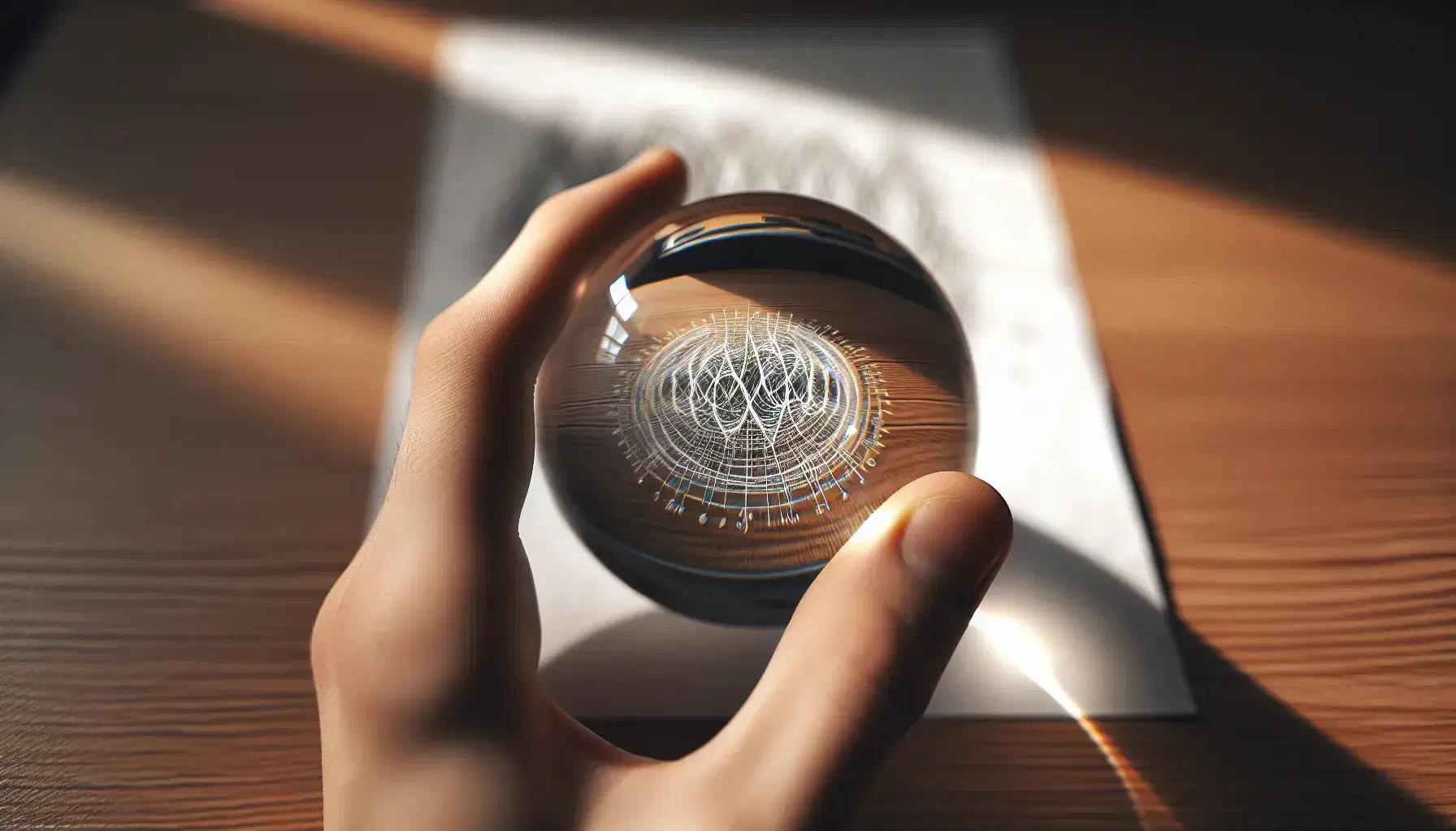 Close-up view of a hand holding a glass lens over a paper with a blurred equation, set against a soft-focus wooden desk background.