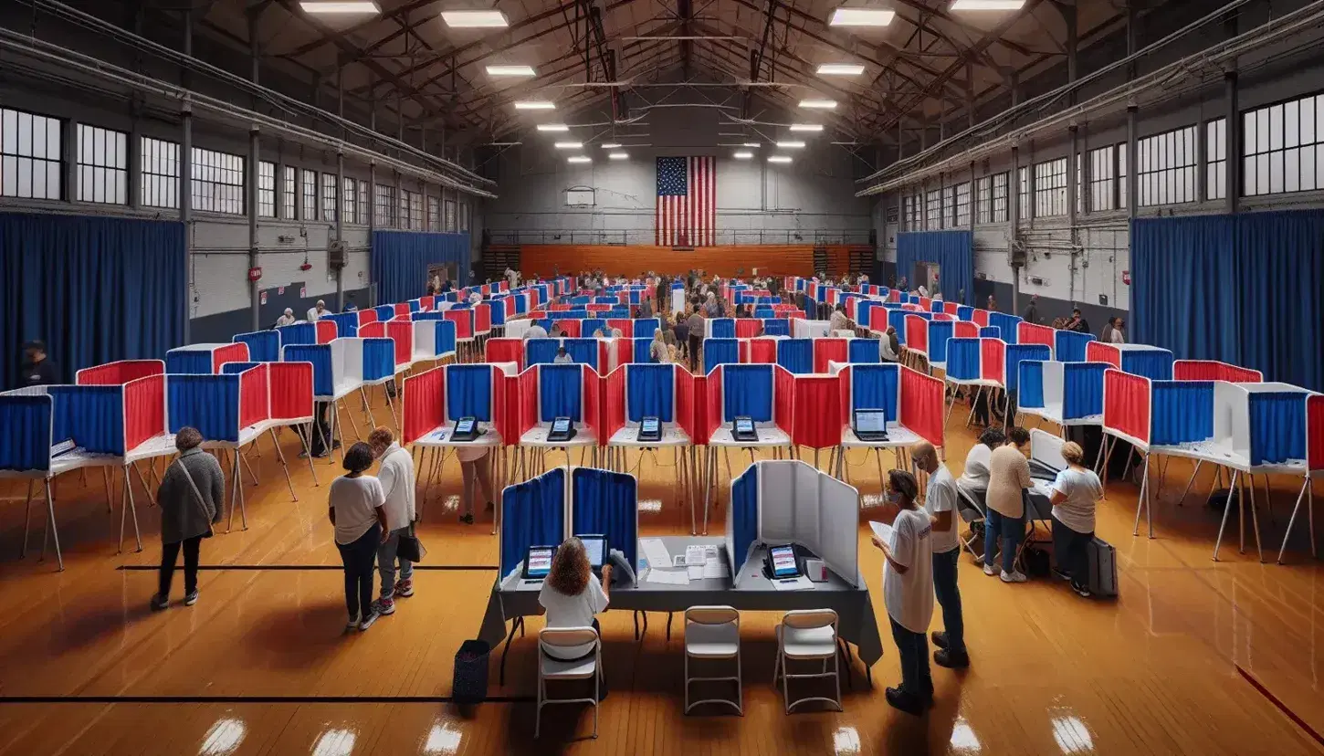 Voters of various ages and ethnicities fill a gymnasium turned voting center with booths, check-in tables, and patriotic banners.