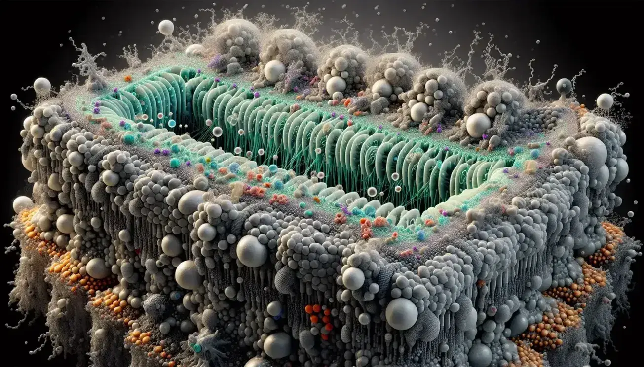 Vista microscópica de la membrana plasmática celular mostrando una bicapa lipídica con fosfolípidos y proteínas integradas, y un glycocalyx colorido en la superficie.