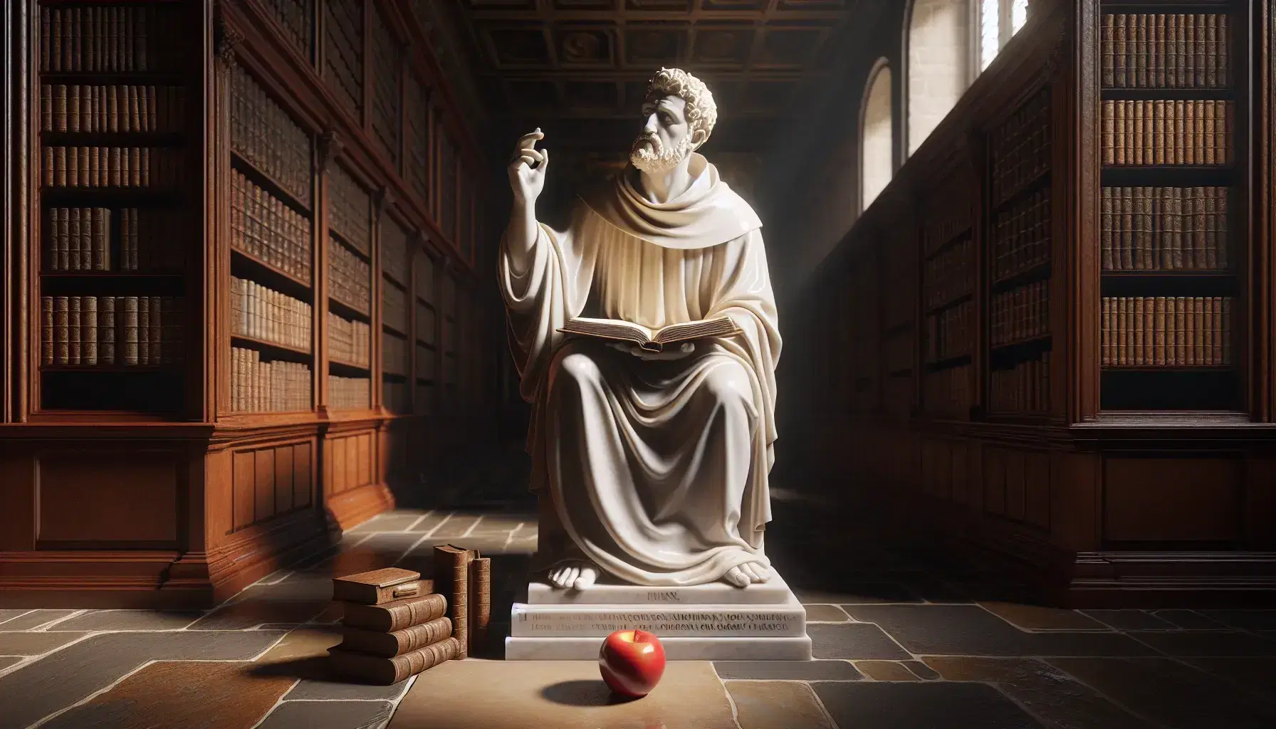 Statua marmorea di Sant'Agostino seduto con libro aperto e mano alzata in biblioteca antica, luce dorata illumina la scena con mela rossa in primo piano.
