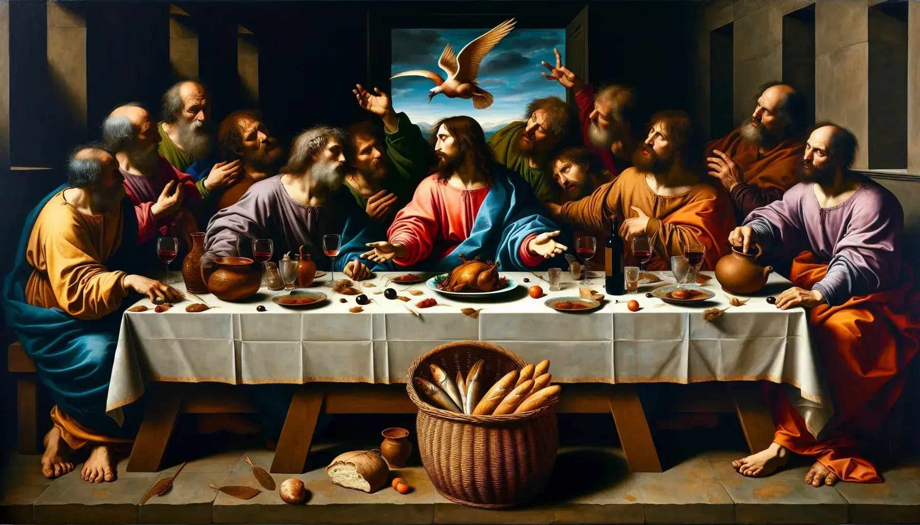 Riproduzione del dipinto 'Cena in Emmaus' di Caravaggio con quattro figure intorno a un tavolo imbandito, espressioni sorprese, gioco di luci e ombre.