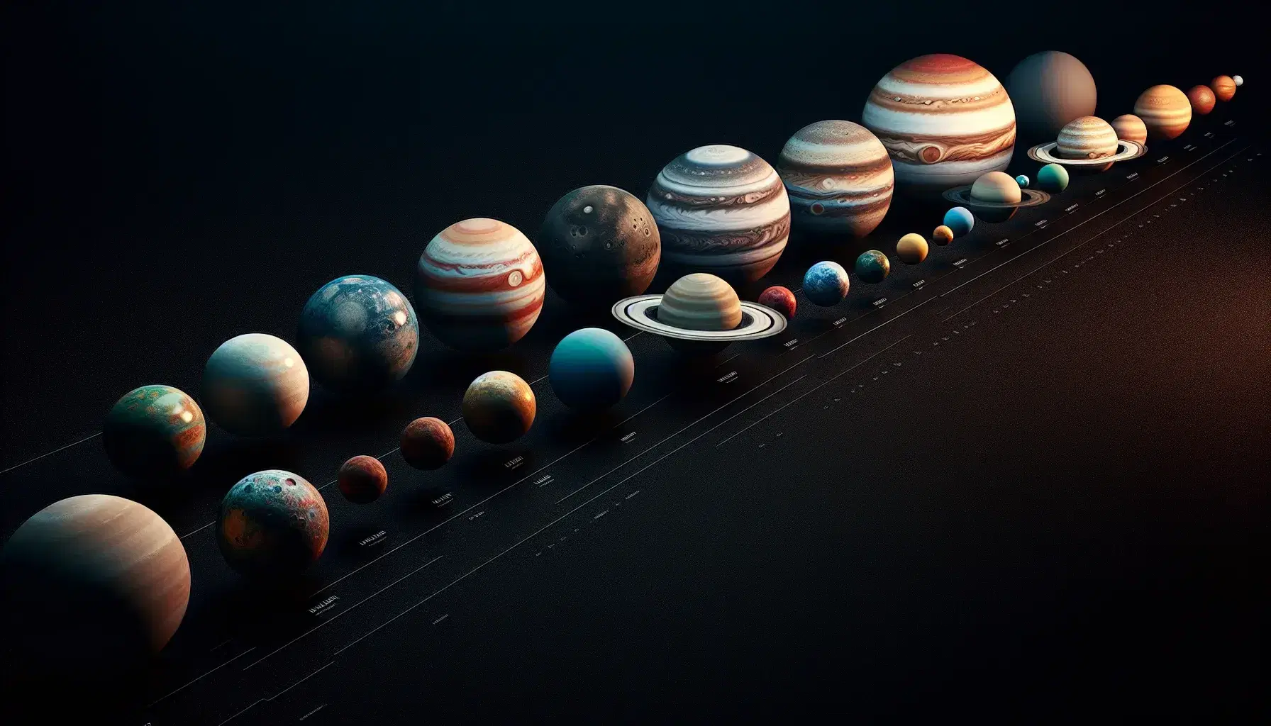 Rappresentazione realistica dei pianeti del sistema solare in fila su sfondo stellato, da Mercurio a Nettuno, con dimensioni e colori fedeli.