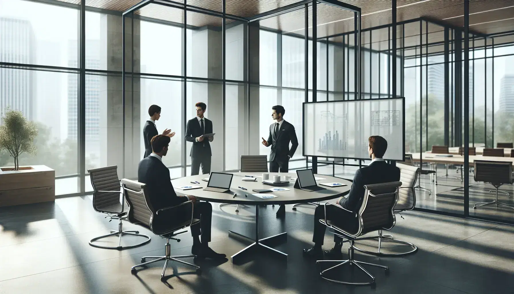 Modern corporate office setting with a round table, digital tablets, pens, and a clear glass whiteboard, with four professionals in a discussion by large windows.